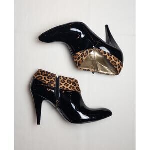 GUESS Patent Leather Pointed Black Heels with Leopard Print Size Women's 8.5